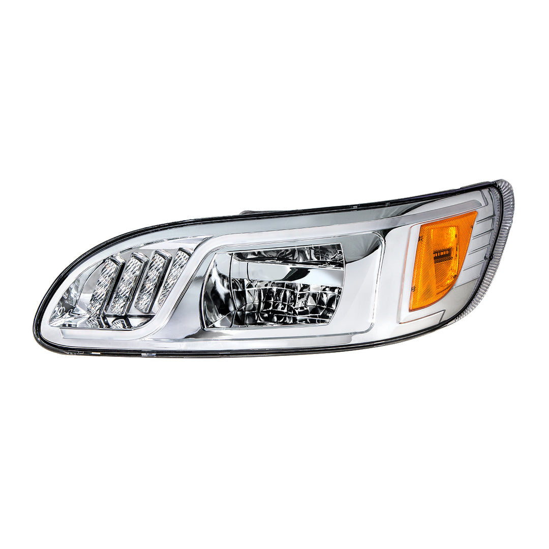 Chrome LED Headlight With LED Turn, Position, &amp; DRL For Peterbilt 386 (2005-2015) &amp; 387 (1999-2010) - Driver