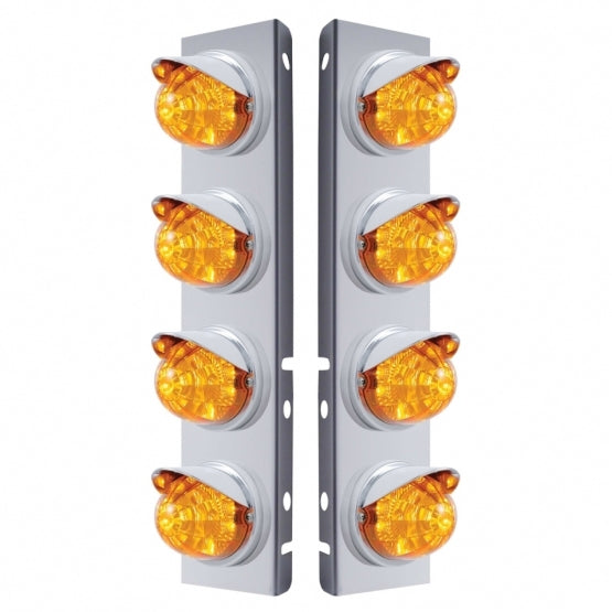 Stainless Steel Front Air Cleaner Bracket With 8 x 17 LED Reflector Watermelon Lights &amp; Visors For Peterbilt - Amber LED &amp; Lens