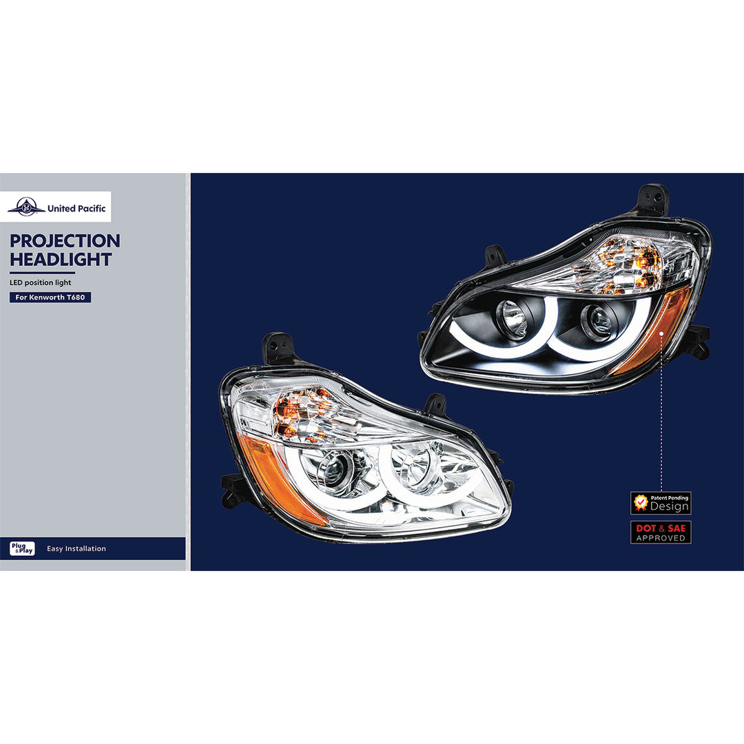Black Projection Headlight With LED Position Light For 2013-2021 Kenworth T680 - Passenger