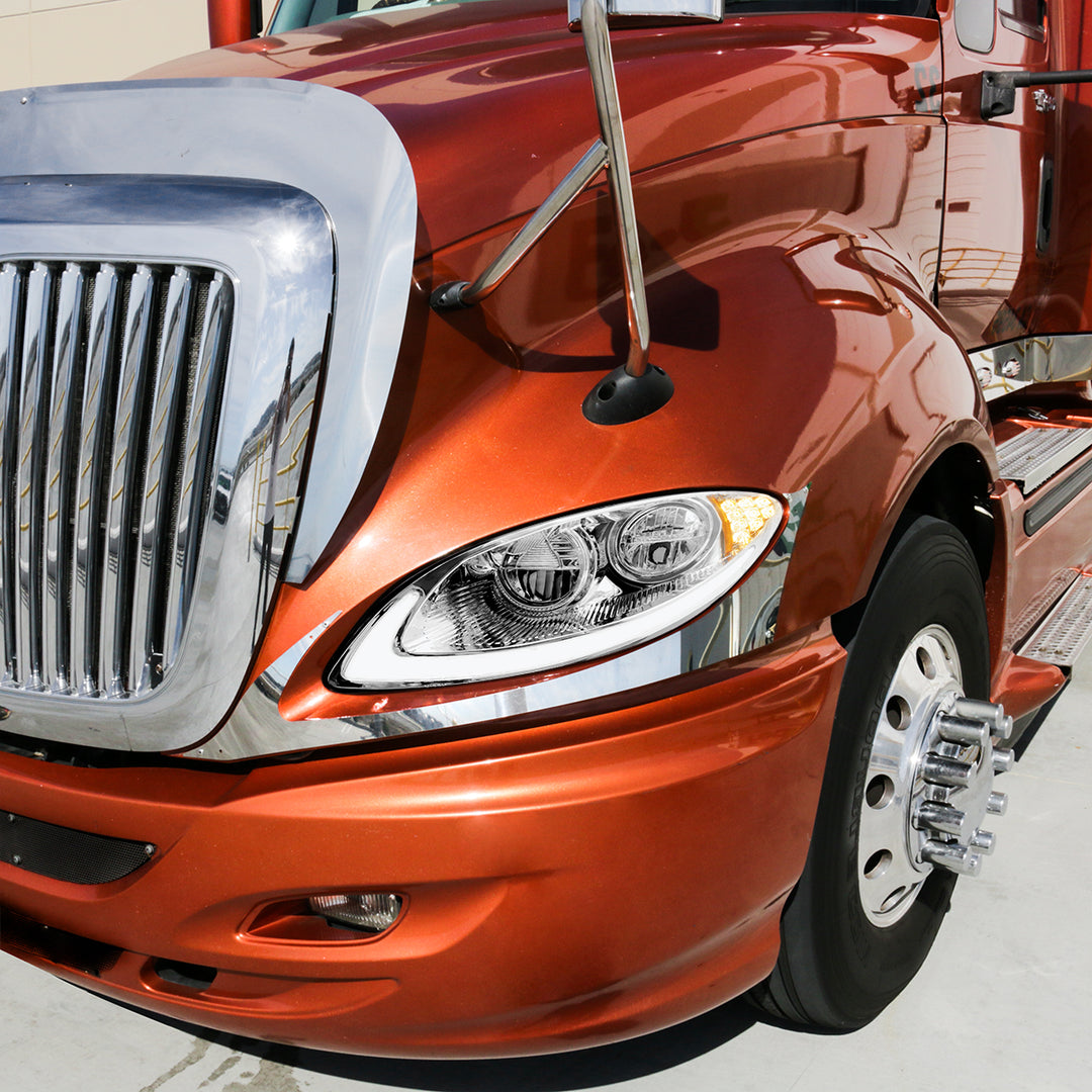 Chrome LED Headlight With LED Light Bar &amp; Turn Signal For 2006-2017 International Prostar - Driver