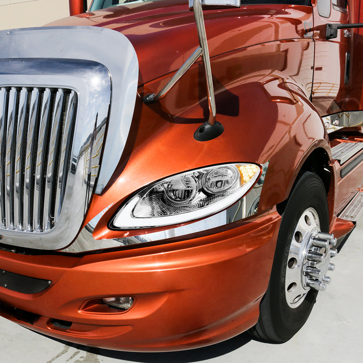 Chrome LED Headlight With LED Light Bar &amp; Turn Signal For 2006-2017 International Prostar - Driver