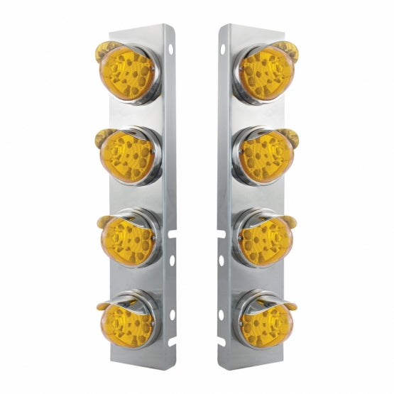Stainless Steel Front Air Cleaner Bracket With 8 x 17 Amber LED Reflector Watermelon Lights &amp; Stainless Steel Visors For Peterbilt - Amber Lens