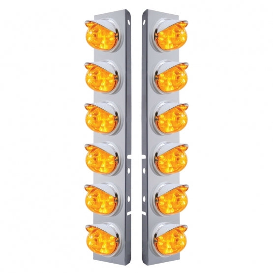 Stainless Steel Front Air Cleaner Brkt With 12 x 17 Amber LED Dual Function Watermelon Lights &amp; Visors For Peterbilt - Amber Lens