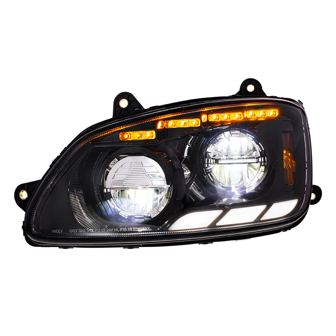 Black LED Headlight With Sequential Turn Signal &amp; Position Light Bars For 2008-17 Kenworth T660 - Driver