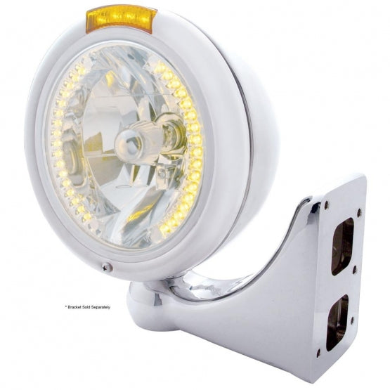 Chrome Classic Headlight H4 With 34 Amber LED &amp; LED Signal - Amber Lens