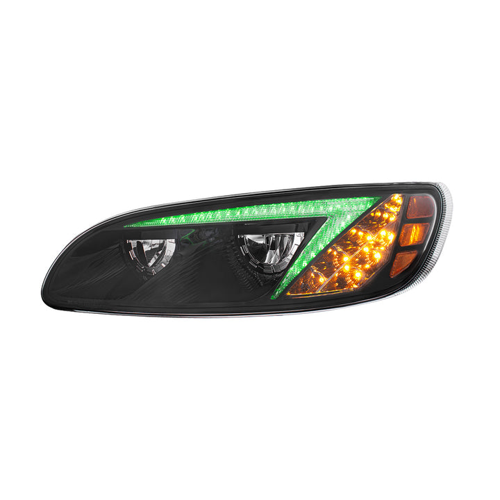 Black LED Headlight With Color Changing Position Light Bar For Peterbilt 386 (2005-2015) &amp; 387 (1999-2010) - Driver