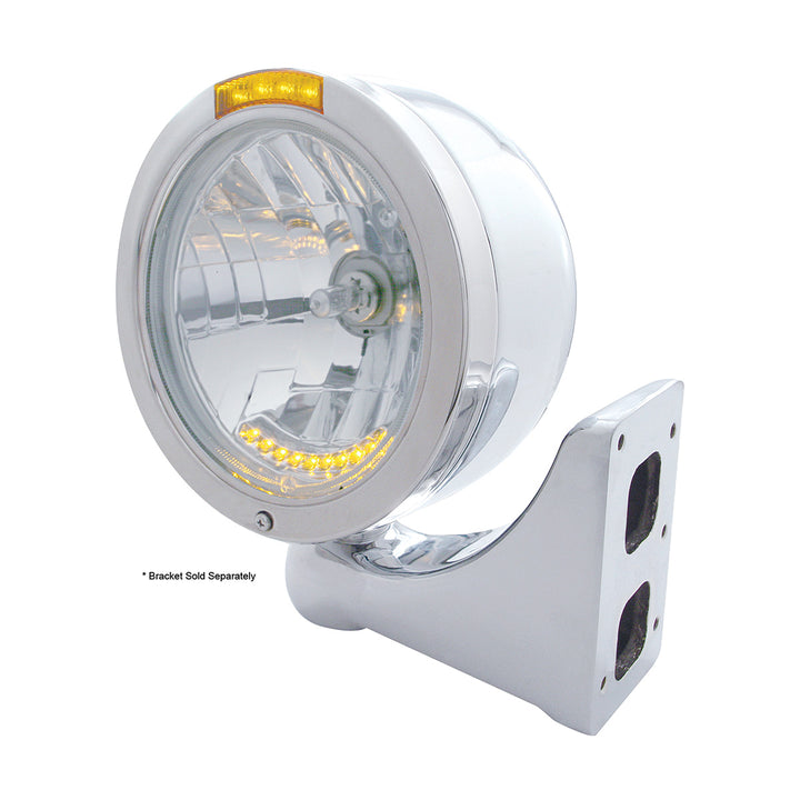 Stainless Steel Bullet Half Moon Headlight H4 With 10 Amber LED &amp; Signal - Amber Lens