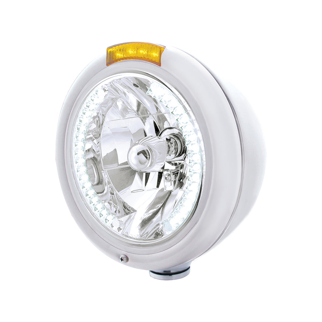 Chrome Classic Headlight H4 With 34 White LED &amp; Dual Mode LED Signal - Amber Lens