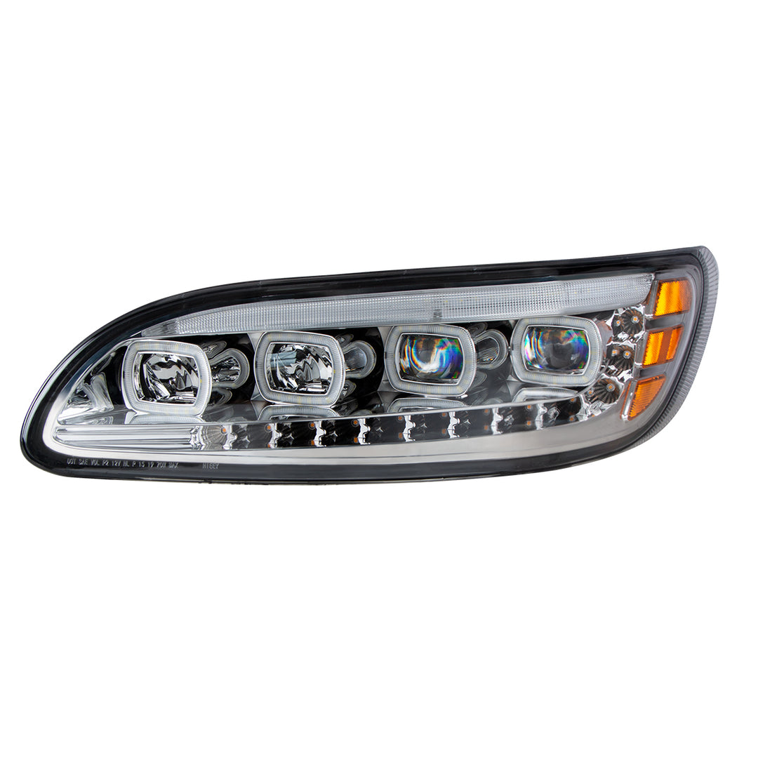 Chrome Quad - LED Headlight With LED DRL &amp; Seq. Signal For 2005-2015 Peterbilt 386 - Driver