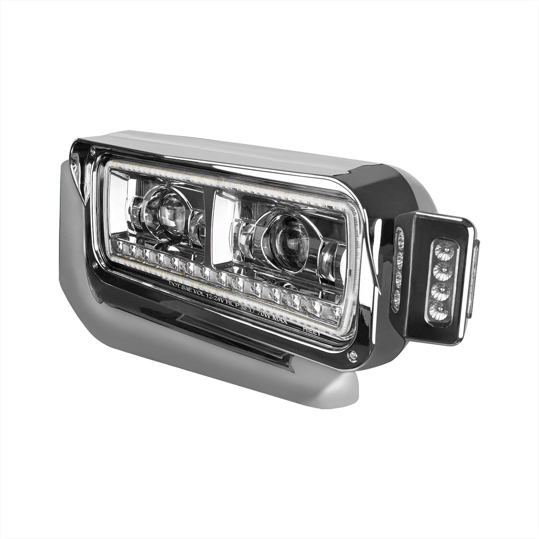 High Power LED Chrome Projection Headlight Assembly With Mounting Arm &amp; Turn Signal - Driver