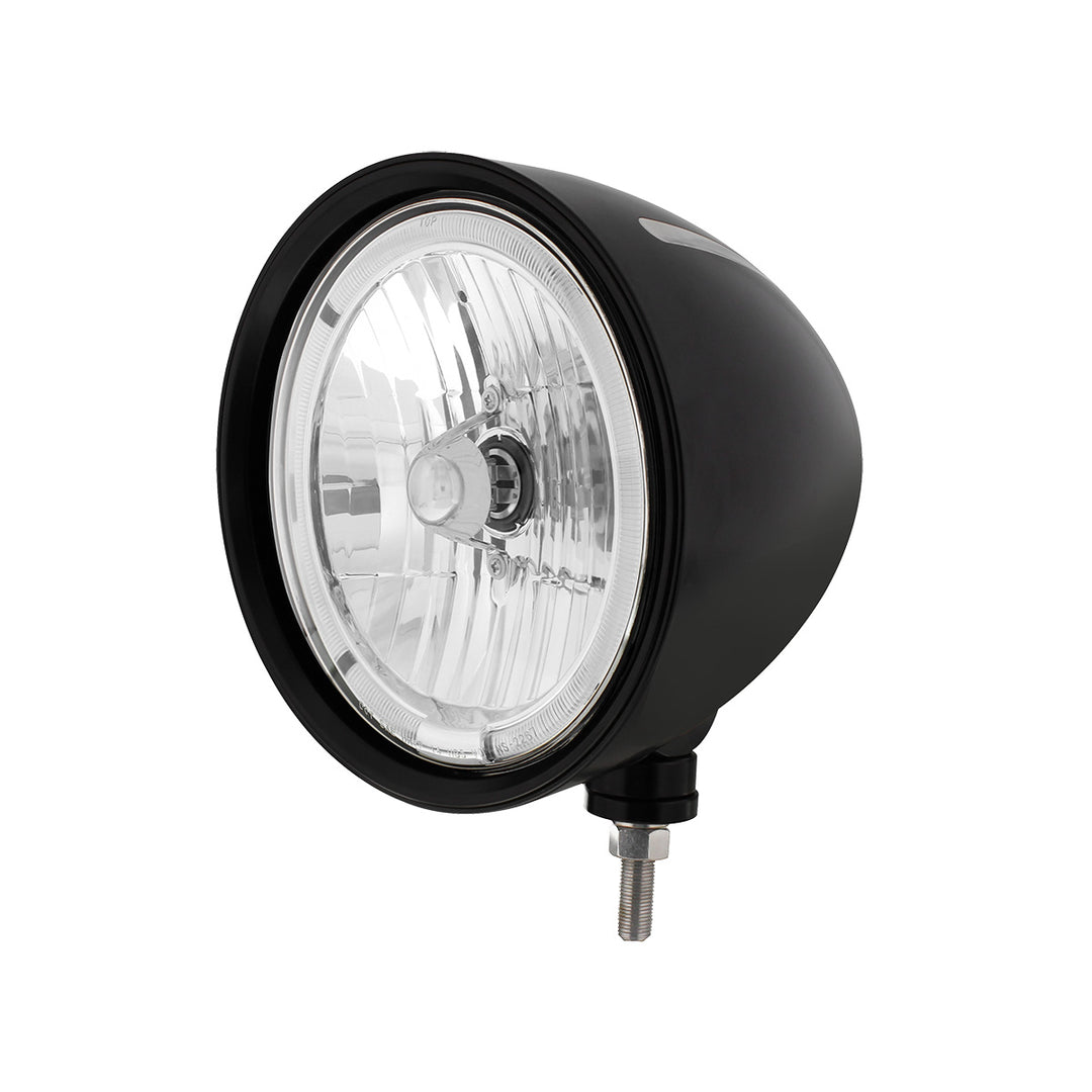 Black "Billet" Style Groove Headlight 9007 Bulb With Amber LED Halo Rim