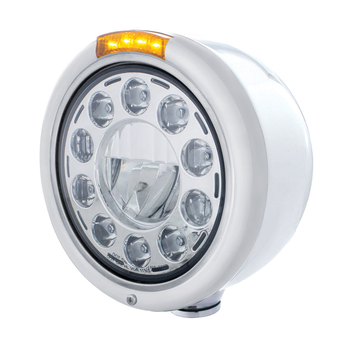 Stainless Classic Half Moon Headlight 11 LED Bulb &amp; Dual Mode LED Signal - Amber Lens