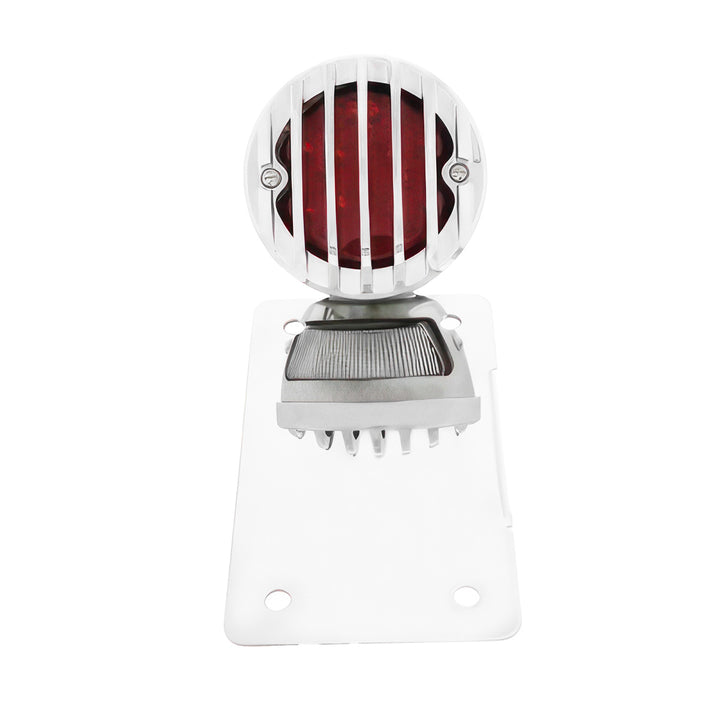 Motorcycle LED "Bobber" Style Vertical Tail Light With Chrome Grille Bezel - Red Lens