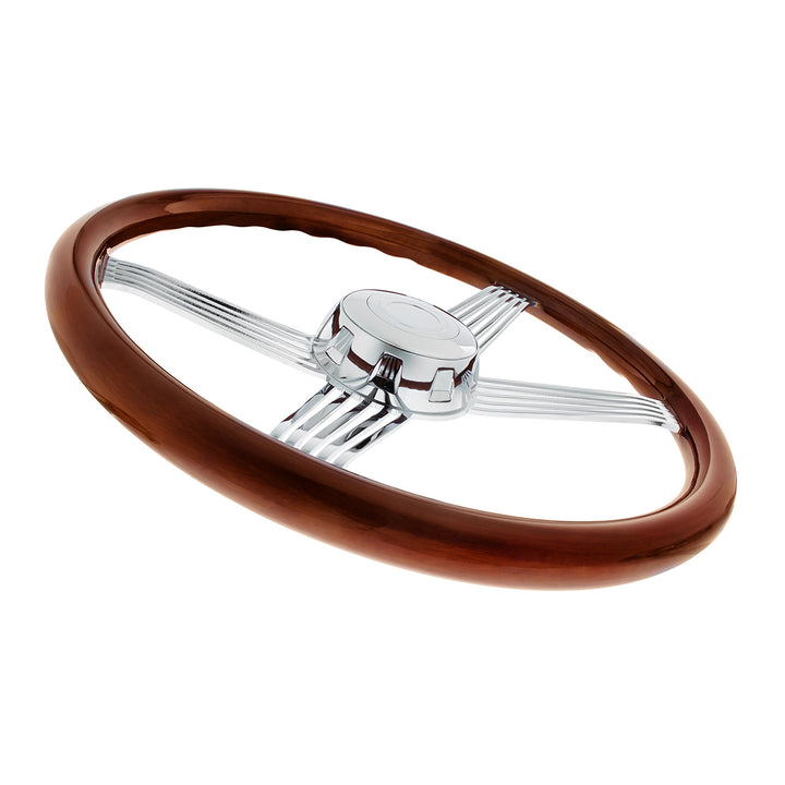 18" Chrome 4 Spoke With Wire Cutout Steering Wheel With Horn Bezel &amp; Button - Wood Grain