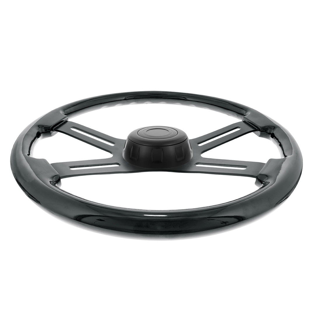 18" Matte Black 4 Spoke Steering Wheel With Horn Bezel &amp; Button - Gloss Black