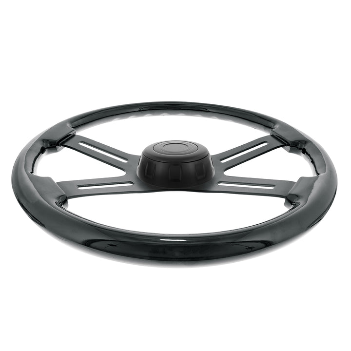 18" Matte Black 4 Spoke Steering Wheel With Horn Bezel &amp; Button - Gloss Black