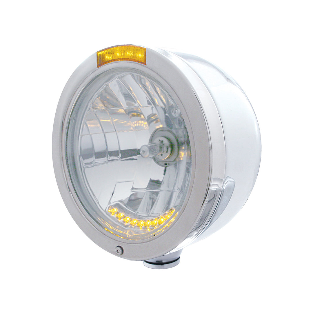 Stainless Steel Bullet Half Moon Headlight H4 With 10 Amber LED &amp; Signal - Amber Lens
