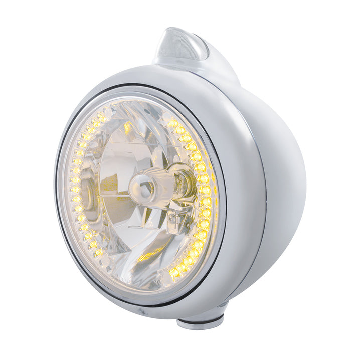 Stainless Steel Guide 682-C Headlight H4 With Amber LED &amp; Original Style LED Signal - Clear Lens
