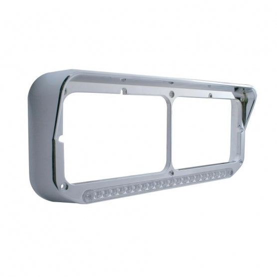 Chrome Rectangular Dual Headlight Bezel With Visor &amp; 19 LED Light Bar - Amber LED/Clear Lens