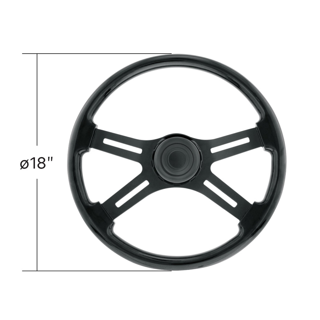 18" Matte Black 4 Spoke Steering Wheel With Horn Bezel &amp; Button - Gloss Black
