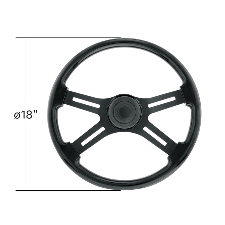 18" Matte Black 4 Spoke Steering Wheel With Horn Bezel &amp; Button - Gloss Black