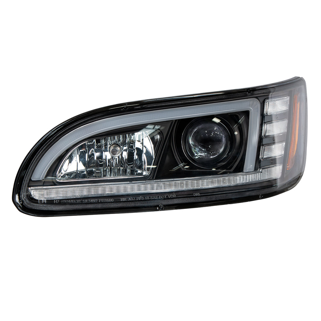 Black Projection Headlight With LED Sequential Turn &amp; DRL For 2005-2015 Peterbilt 386 - Driver