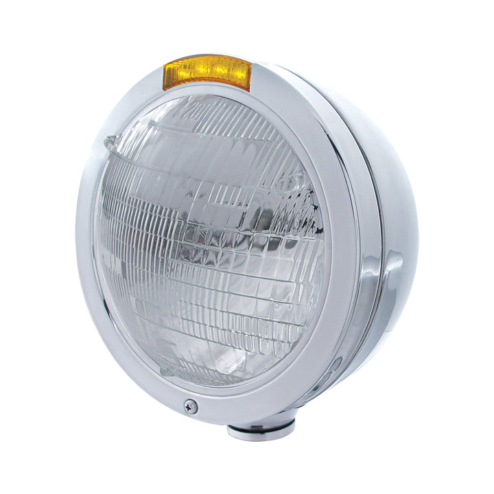 Stainless Steel Bullet Classic Headlight 6014 Bulb &amp; LED Turn Signal - Amber Lens