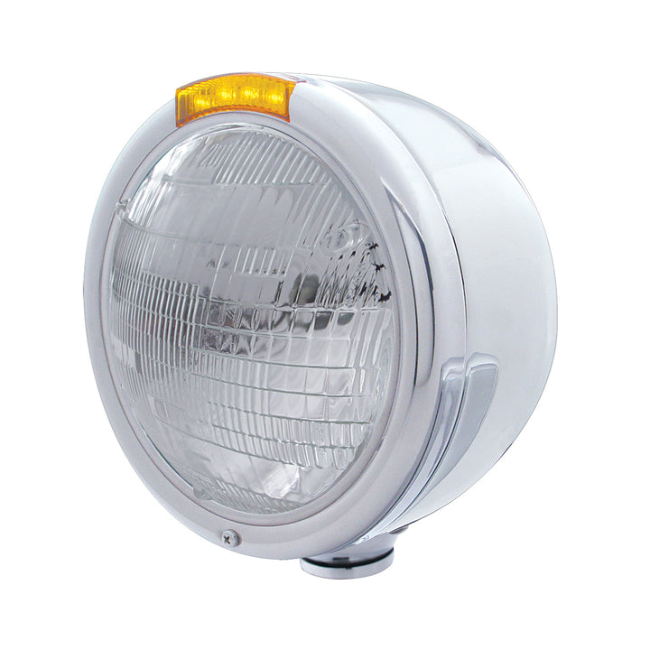 Stainless Steel Classic Half Moon Headlight 6014 Bulb &amp; LED Turn Signal - Amber Lens