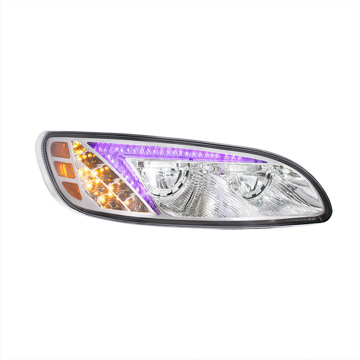 Chrome LED Headlight With Color Changing Position Light Bar For Peterbilt 386 (2005-2015) &amp; 387 (1999-2010) - Passenger