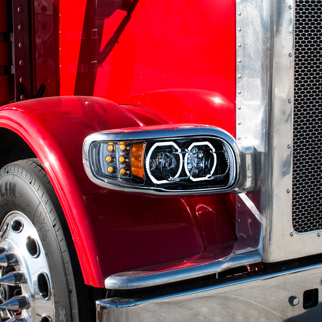 High Power 10 LED Blackout Headlight With 6 LED Turn &amp; 100 LED Halo For 2008-2024 Peterbilt 389 - Driver