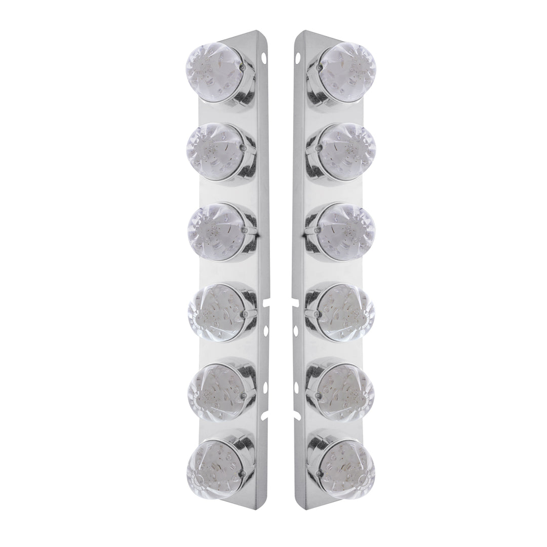 Stainless Steel Front Air Cleaner Bracket W/12 x 17 LED Watermelon Lights &amp; Stainless Steel Bezels For Peterbilt - Amber LED/Clear Lens (Pair)