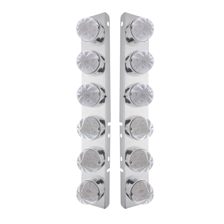 Stainless Steel Front Air Cleaner Bracket W/12 x 17 LED Watermelon Lights &amp; Stainless Steel Bezels For Peterbilt - Amber LED/Clear Lens (Pair)