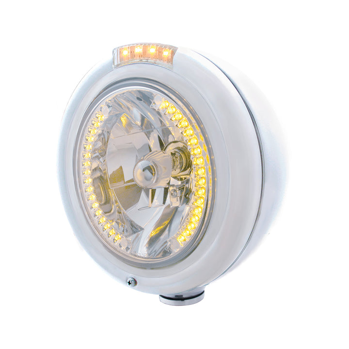 Stainless Steel Classic Headlight H4 With 34 Amber LED &amp; Signal - Clear Lens