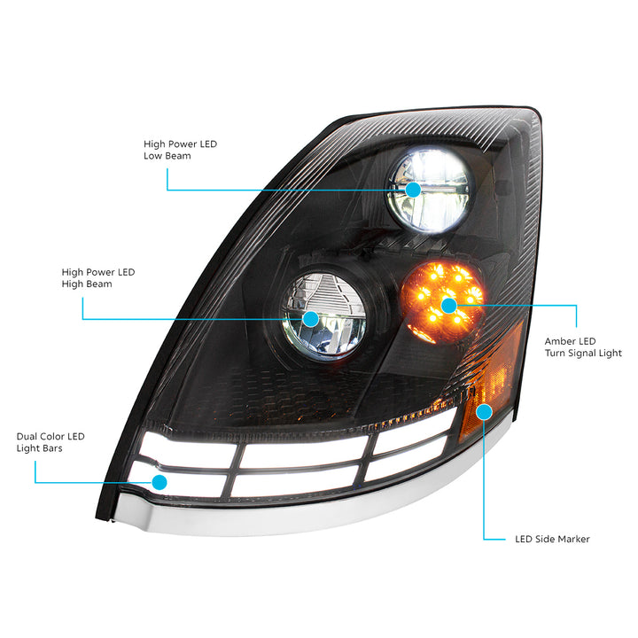 Black LED Headlight With Dual Color LED Light Bars For 2003-2017 Volvo VN/VNL - Driver