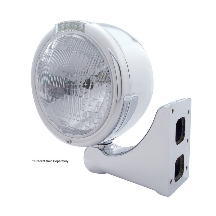 Stainless Steel Classic Half Moon Headlight H6024 Bulb &amp; LED Turn Signal - Clear Lens