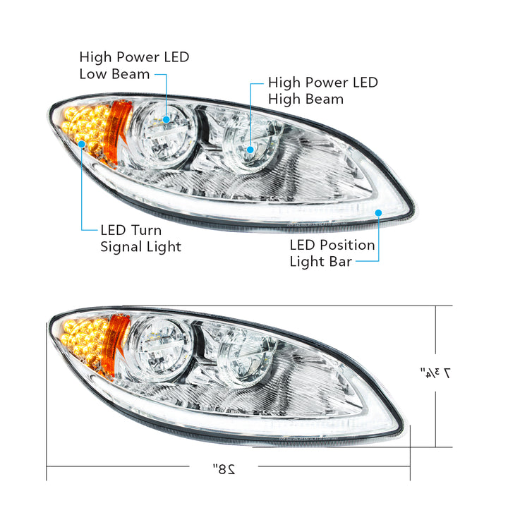 Chrome LED Headlight With LED Light Bar &amp; Turn Signal For 2006-2017 International Prostar - Passenger