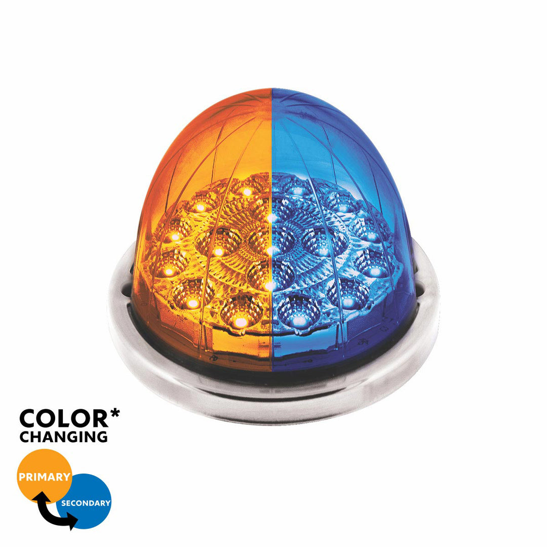 17 LED Watermelon Double Fury Light Flush Mount Kit With Low Profile Stainless Steel Bezel - Amber &amp; Blue LED/Clear Lens