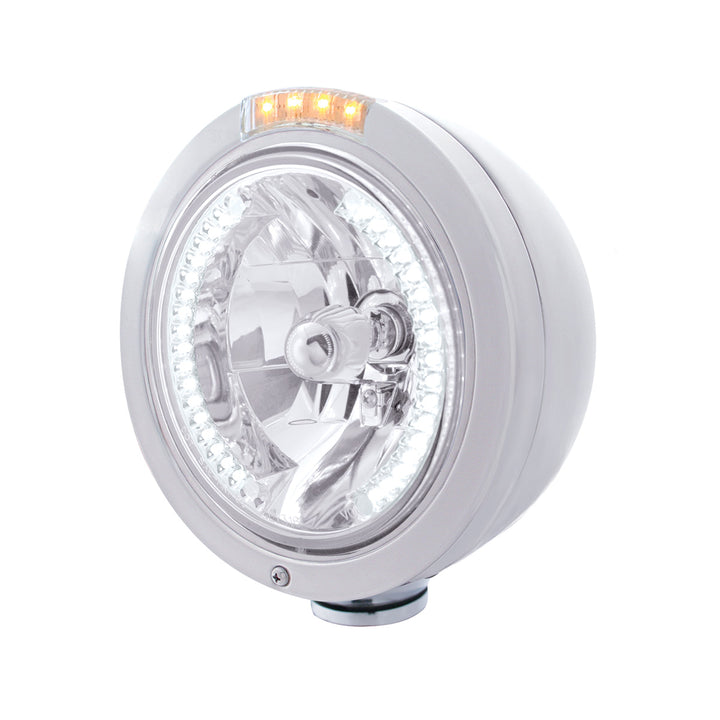 Stainless Steel Bullet Classic Headlight H4 With White LED &amp; Dual Mode LED Signal - Clear Lens