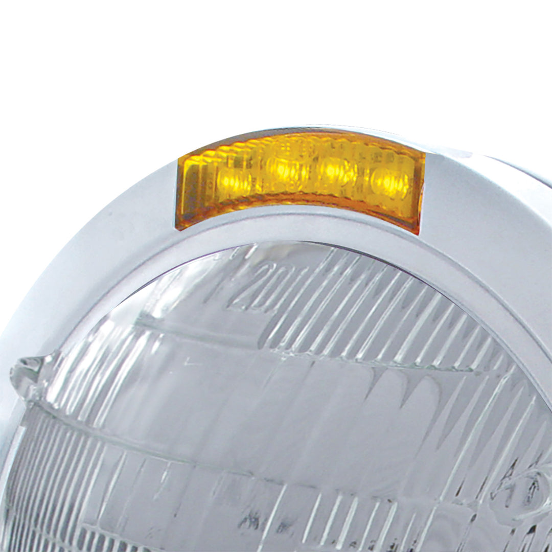 Stainless Steel Bullet Classic Headlight 6014 Bulb &amp; LED Turn Signal - Amber Lens