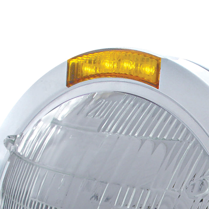 Stainless Steel Bullet Classic Headlight 6014 Bulb &amp; LED Turn Signal - Amber Lens