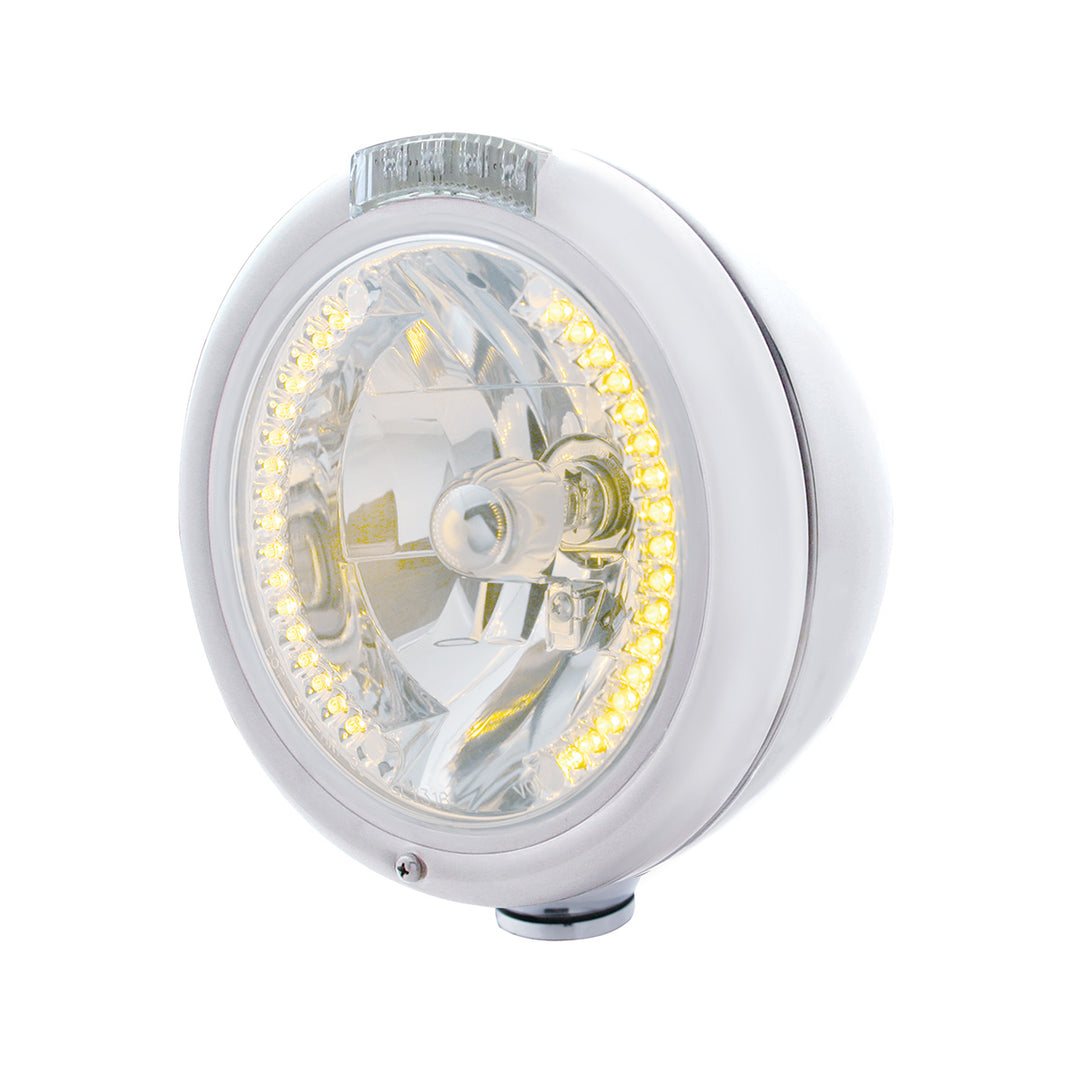 Chrome Classic Headlight H4 With 34 Amber LED &amp; Dual Mode LED Signal - Clear Lens