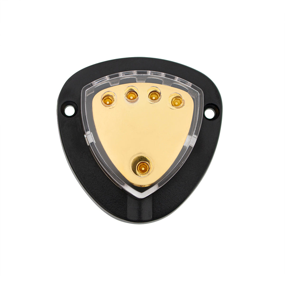 Gold Distribution Block with (1) 4 AWG input and (4) 8 AWG outputs, Triangular Shape 1 Pc.
