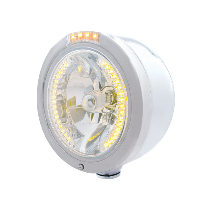 Stainless Steel Bullet Half Moon Headlight H4 With Amber LED &amp; Dual Mode LED Signal - Clear Lens