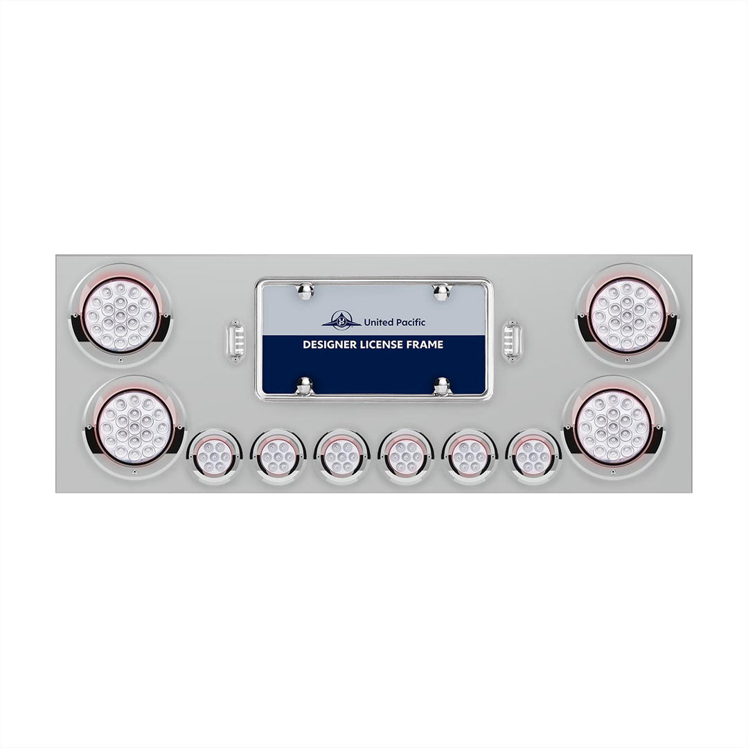 Stainless Steel Rear Center Panel With 4 x 19 LED 4" &amp; 6 x 7 LED 2" Double Fury Lights &amp; Visors - Red &amp; Blue LED