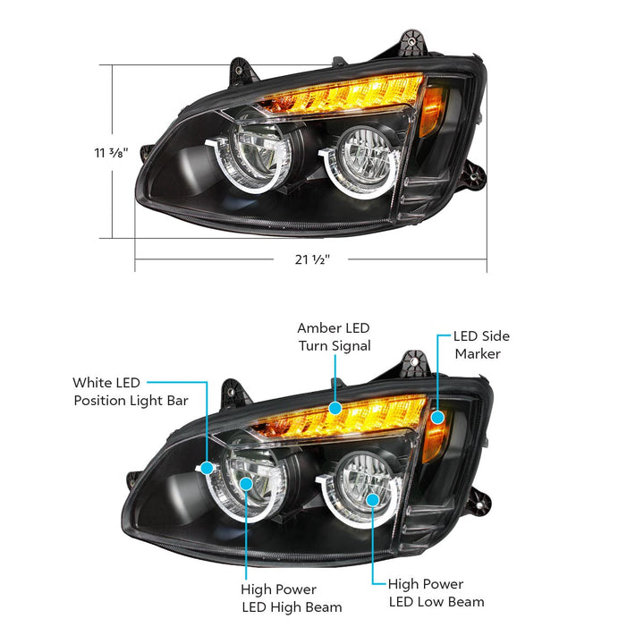 Blackout Full LED Headlight For 2008-2017 Kenworth T660 - Driver