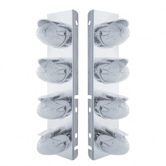 Stainless Steel Front Air Cleaner Bracket With 8 x 19 LED Beehive Lights &amp; Visors For Peterbilt - Amber LED/Clear Lens