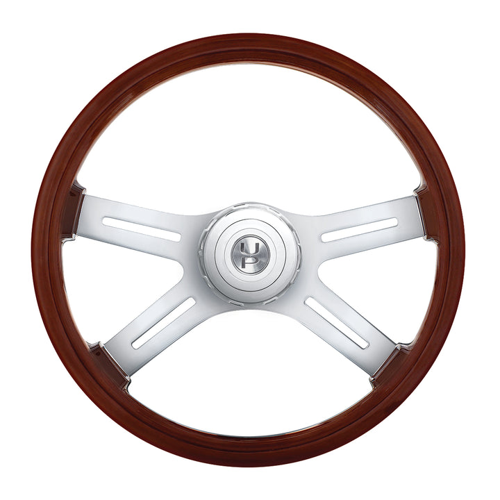 18" 4 - Spoke Style Wood Steering Wheel With Hub &amp; Horn Button Kit For Peterbilt (2006+) &amp; Kenworth (2003+)