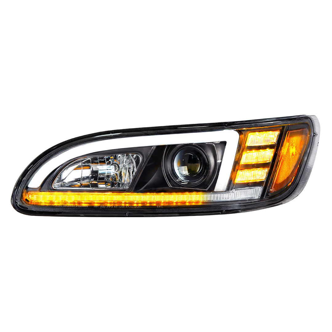 Black Projection Headlight With LED Sequential Turn &amp; DRL For 2005-2015 Peterbilt 386 - Driver