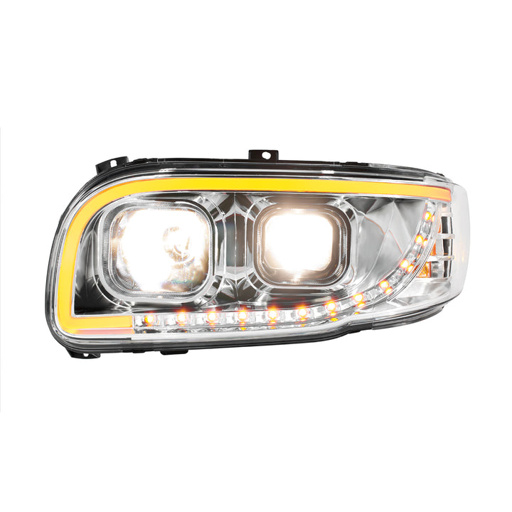 Chrome Projection Headlight With LED Turn Signal &amp; Light Bar For 2008-2024 Peterbilt 389 - Driver
