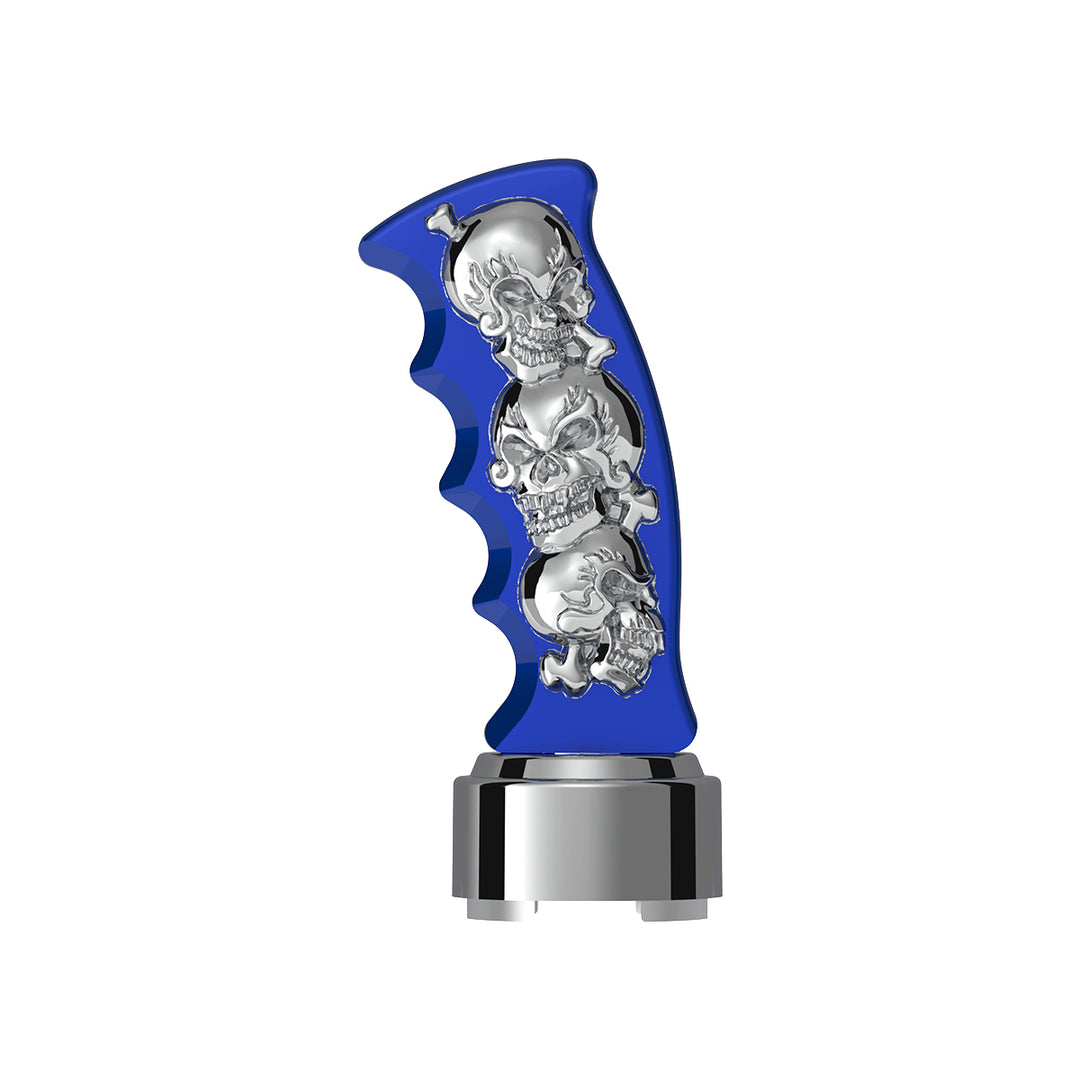 Thread-On Skulls Pistol Grip Gearshift Knob With Chrome 9/10 Speed Adapter - Indigo Blue With Chrome Skulls